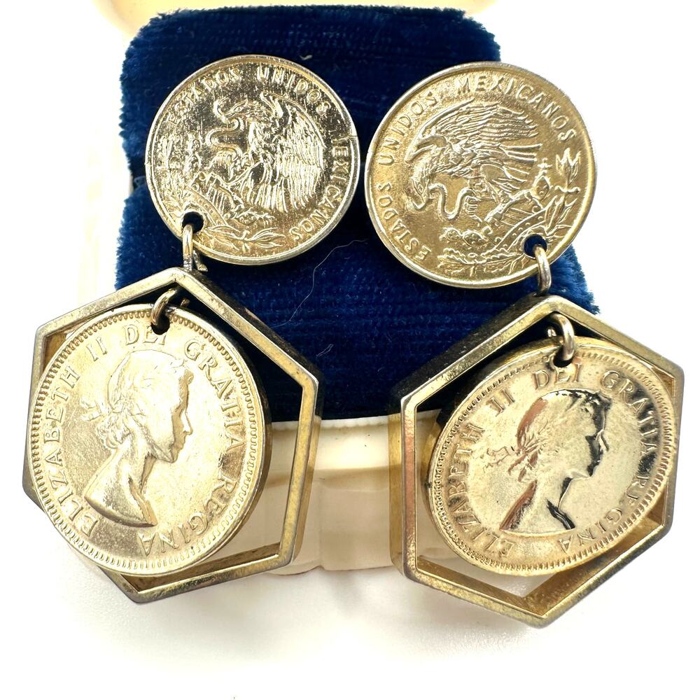 Vintage gold tone real Mexican Canadian 1950s coins screw back dangle earrings